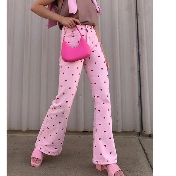 Heart pants bottoms trouser pink hearts flared womenâs - Picture 9 of 10